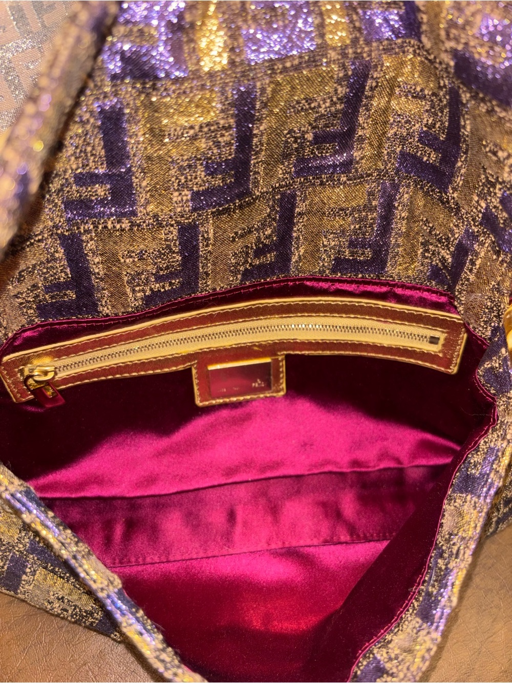 Authentic Fendi Purple and Gold FF Baguette Shoulder Bag with crystal buckle - Picture 7 of 9